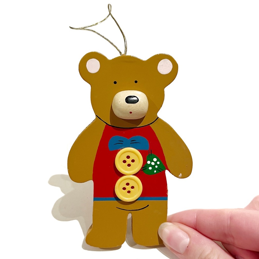 Vintage 1996 Handmade Wood Teddy Bear Ornament Christmas Holiday Nursery Red 90s